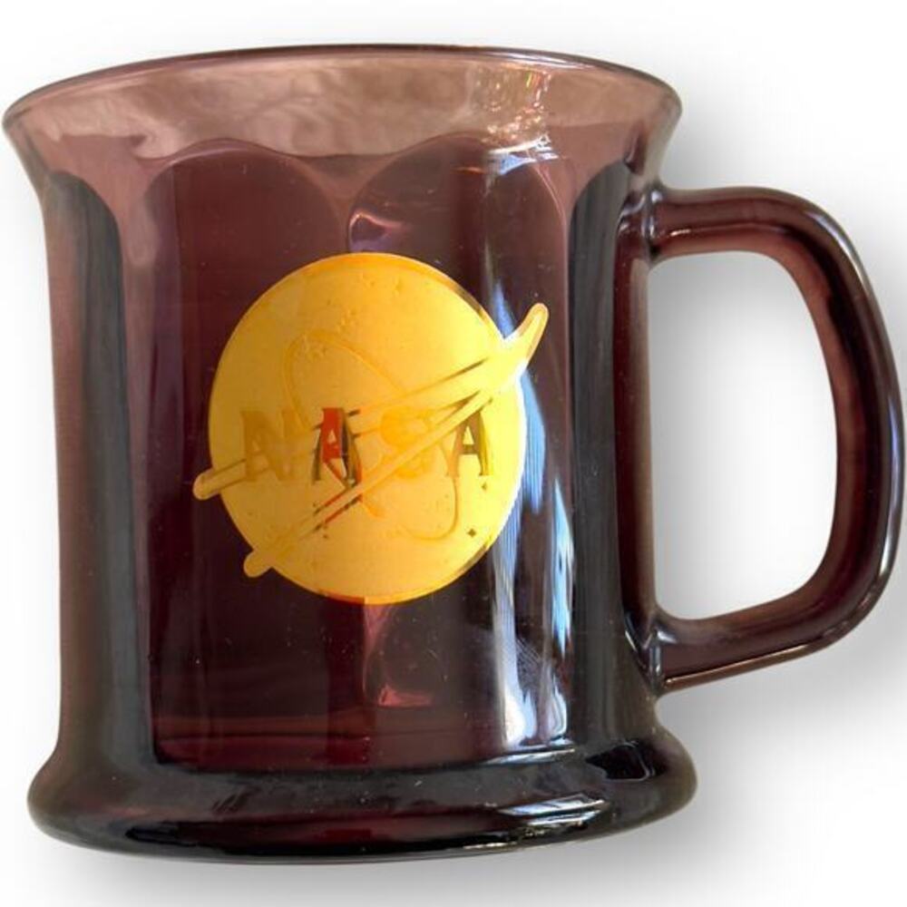 NASA Smoked Mulberry Purple Glass Coffee Mug Vintage Atomic Stars Gold Emblem